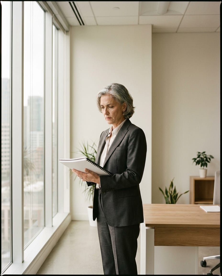 A senior executive reviewing a document in a calm modern office