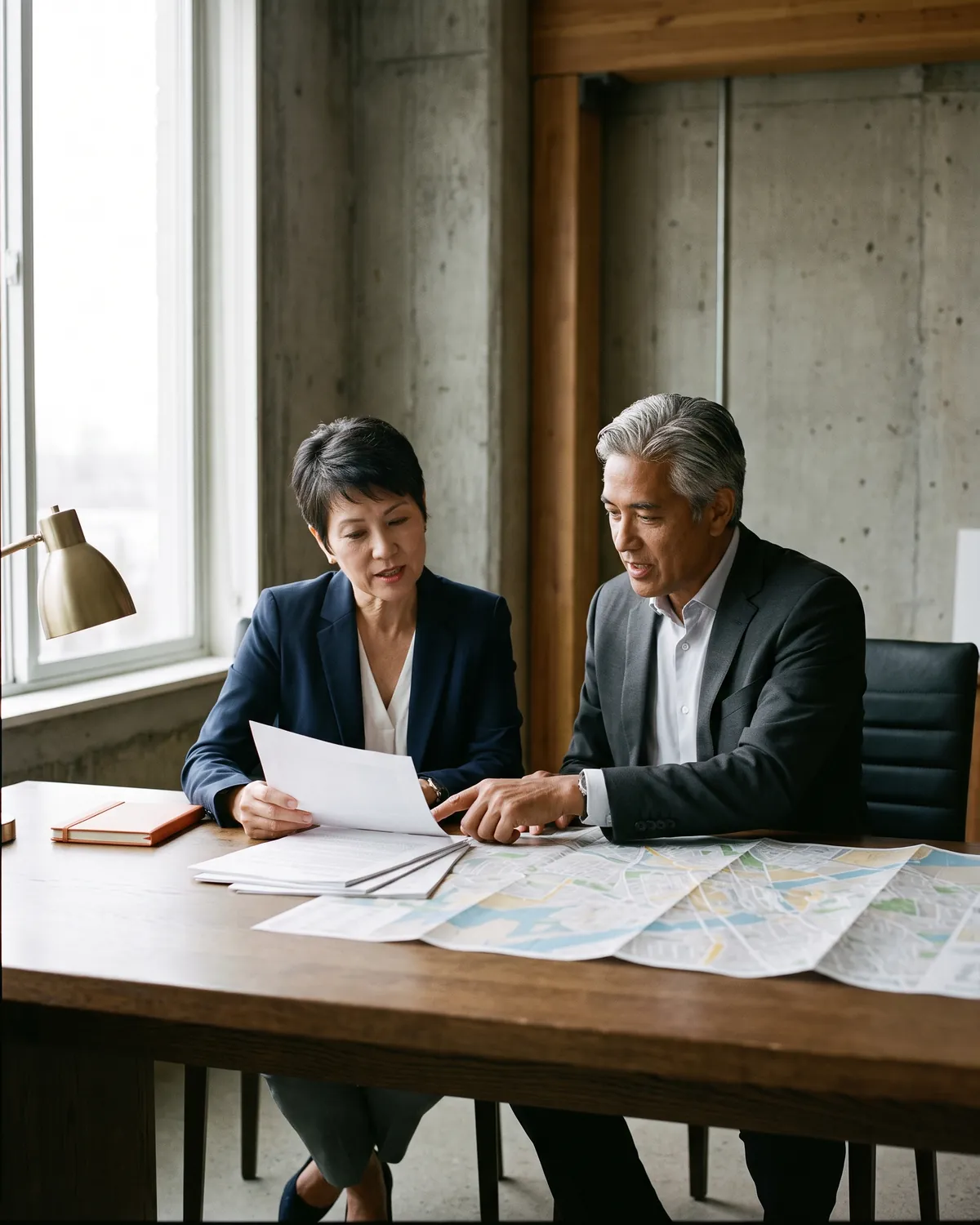 Two senior executives planning over papers and a map